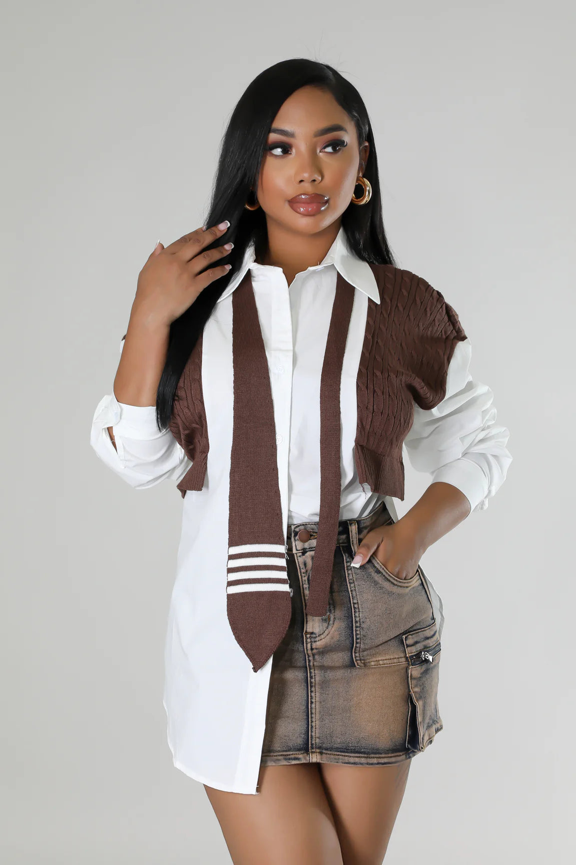 Chemise tunique à manche longue avec cravate intégrée