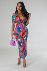 Robe longue moulante manche courte avec des boutons devant Ruché