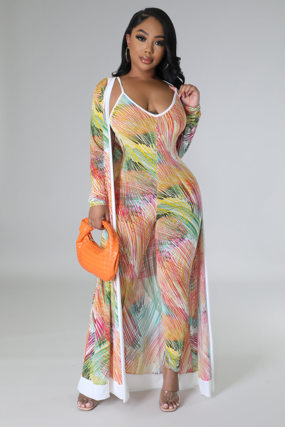 Ensemble combinaison et Cardigan multicolore