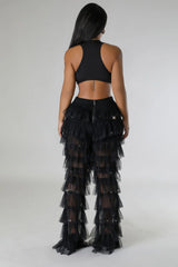 Pantalon maille taille haute avec volant