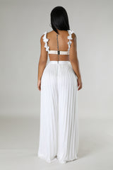 Ensemble deux pièces top court pantalon taille haute plisse beige