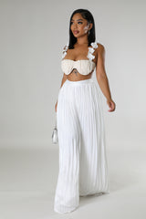 Ensemble deux pièces top court pantalon taille haute plisse beige