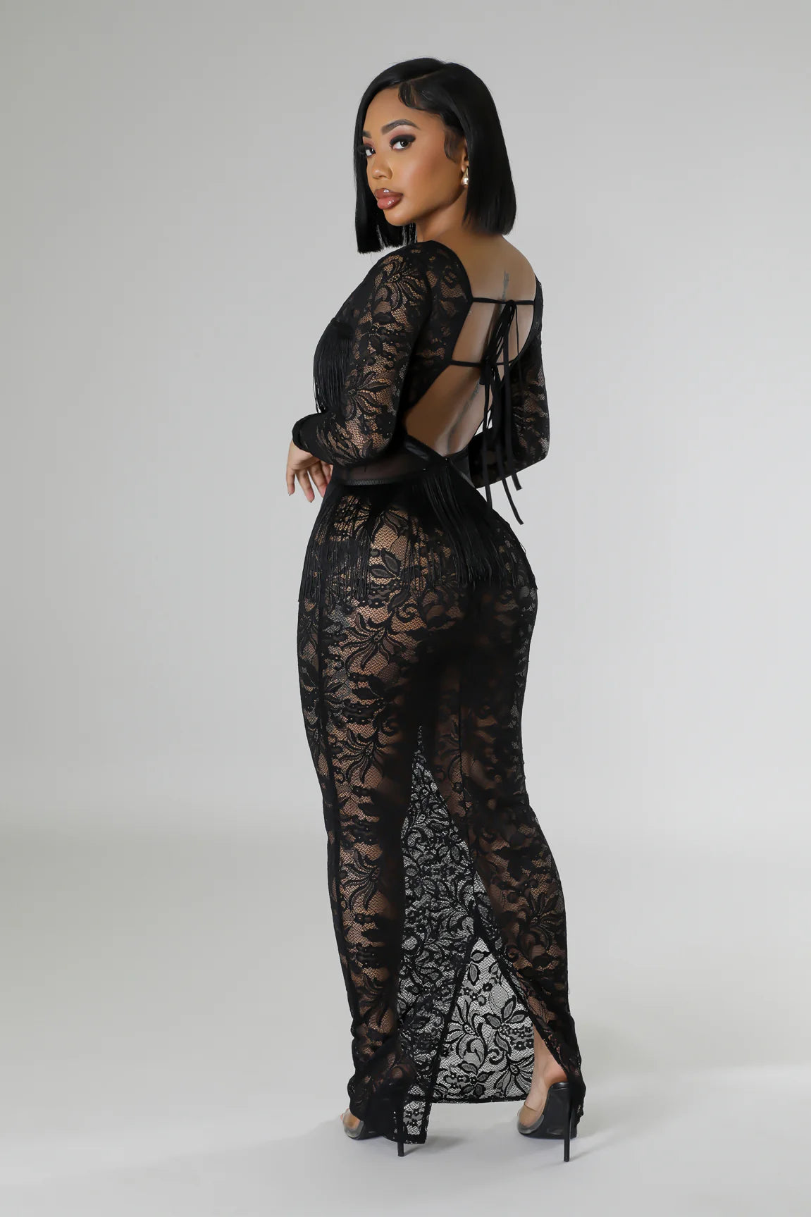 Robe dentelle sexy à manche longue stretch