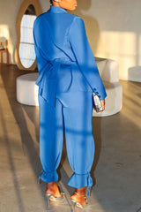 Ensemble veste blazer bleu  a ceinture et pantalon