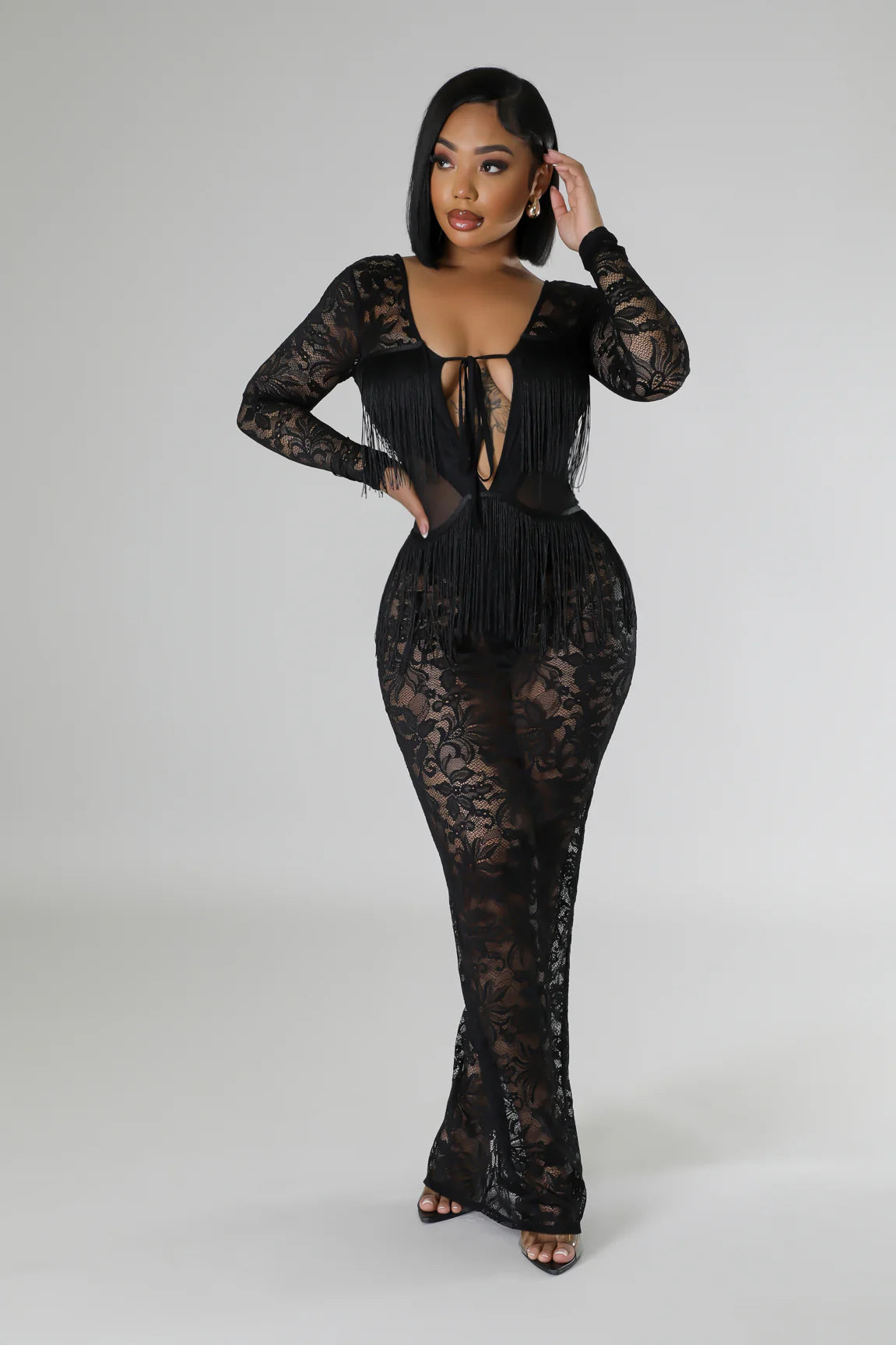 Robe dentelle sexy à manche longue stretch