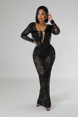 Robe dentelle sexy à manche longue stretch