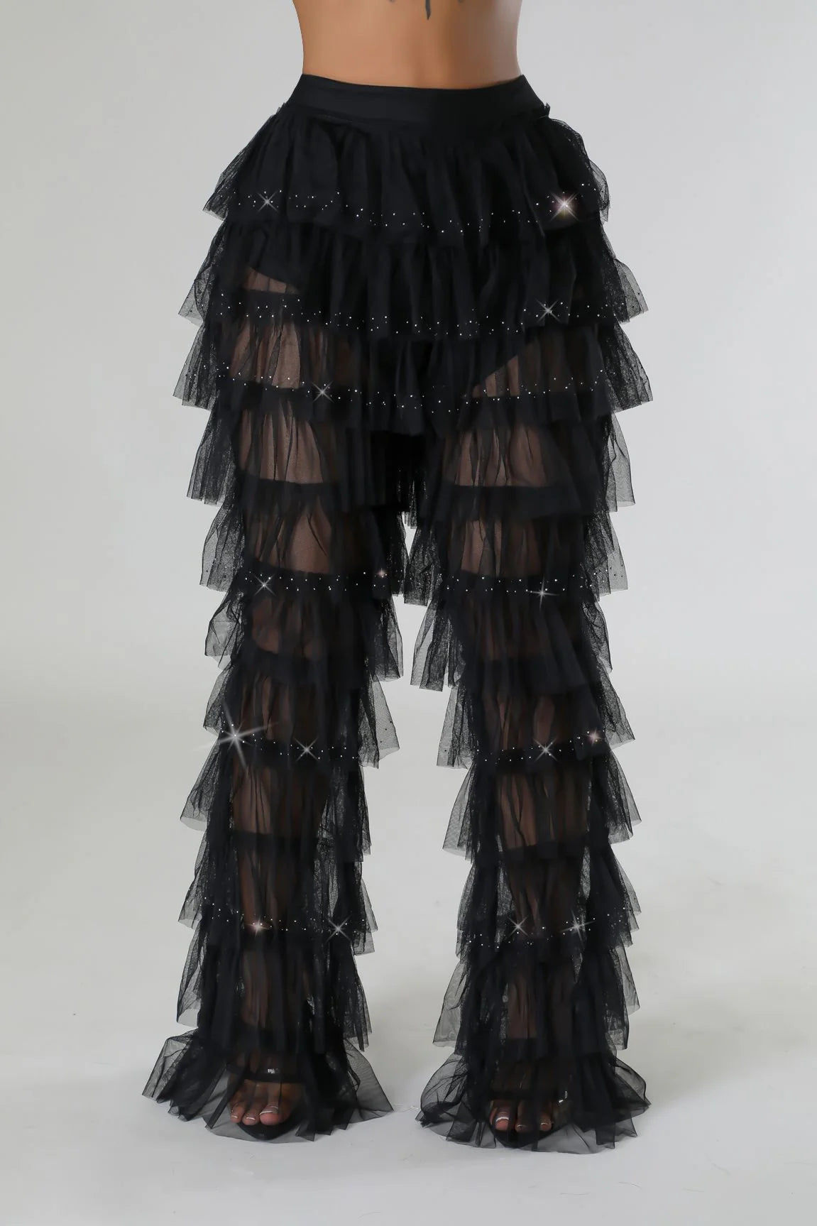 Pantalon maille taille haute avec volant