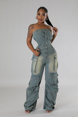 Combinaison jean cargo bustier non extensible jambe large
