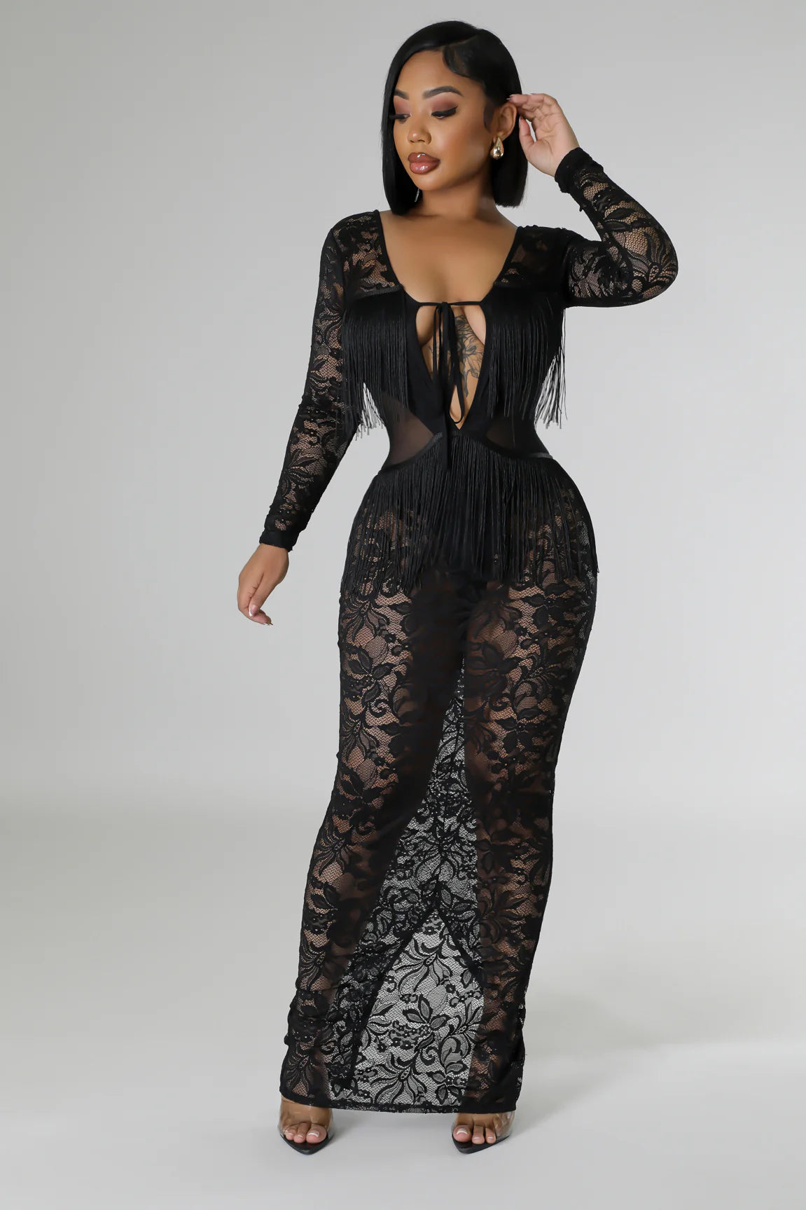 Robe dentelle sexy à manche longue stretch