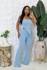 Ensemble pantalon extensible taille haute bas large et top asymétrique