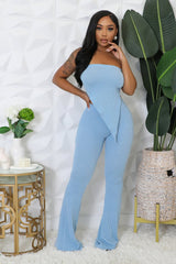 Ensemble pantalon extensible taille haute bas large et top asymétrique