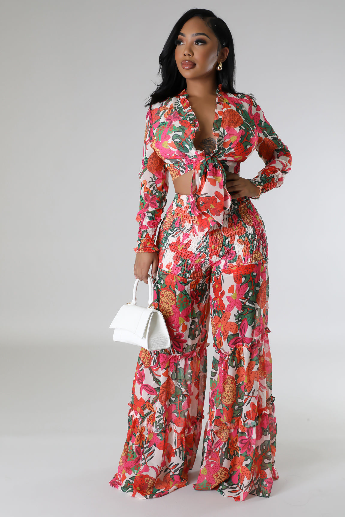 Ensemble deux pièces pantalon semi-stretch bas large et top à manche longue