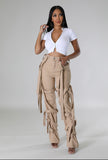 Pantalon cargo taille haute extensible bretelle réglable bas large