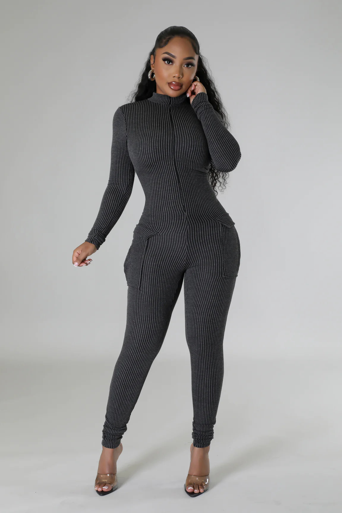 Combinaison extensible col montant côtelé à manche longue