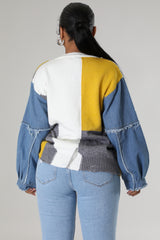 Pull extensible col montant jean et tricoté à manche longue