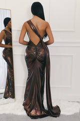 Robe longue sexy fête une épaule extensible métallique