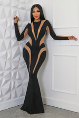 Robe longue à manche longue extensible Engrenée noir
