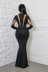 Robe longue à manche longue extensible Engrenée noir