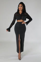 Ensemble jupe taille haute semi-extensible et top à manche longue