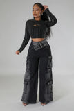 Jean taille haute bas large effet cargo noir