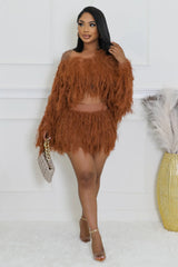 Ensemble tricoté jupe taille haute et top à manche longue frange fourrure