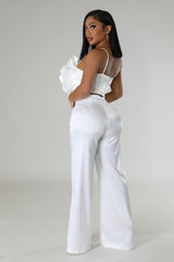 Ensemble pantalon taille haute et haut court non extensible détail de la fleur