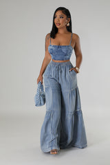 Pantalon jean large extensible taille haute ceinture élastique
