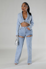 Ensemble jean pantalon et veste courte collier strass à manche longue
