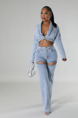 Ensemble jean pantalon et veste courte collier strass à manche longue