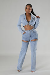 Ensemble jean pantalon et veste courte collier strass à manche longue