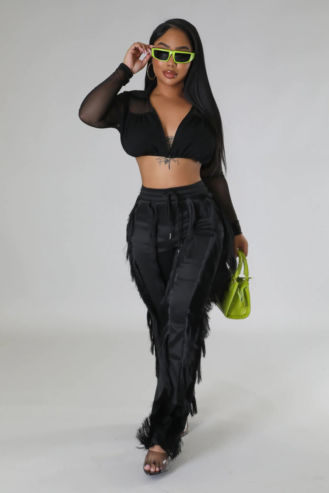 Pantalon taille haute ruché Franges avec cordon ceinture