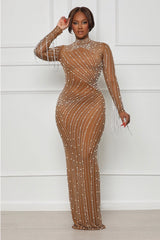 Robe longue à encolure ronde manche longue avec perles et strass