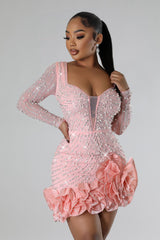 Robe courte pour fête à manche longue strass avec froufrous