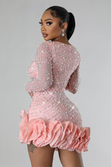 Robe courte pour fête à manche longue strass avec froufrous