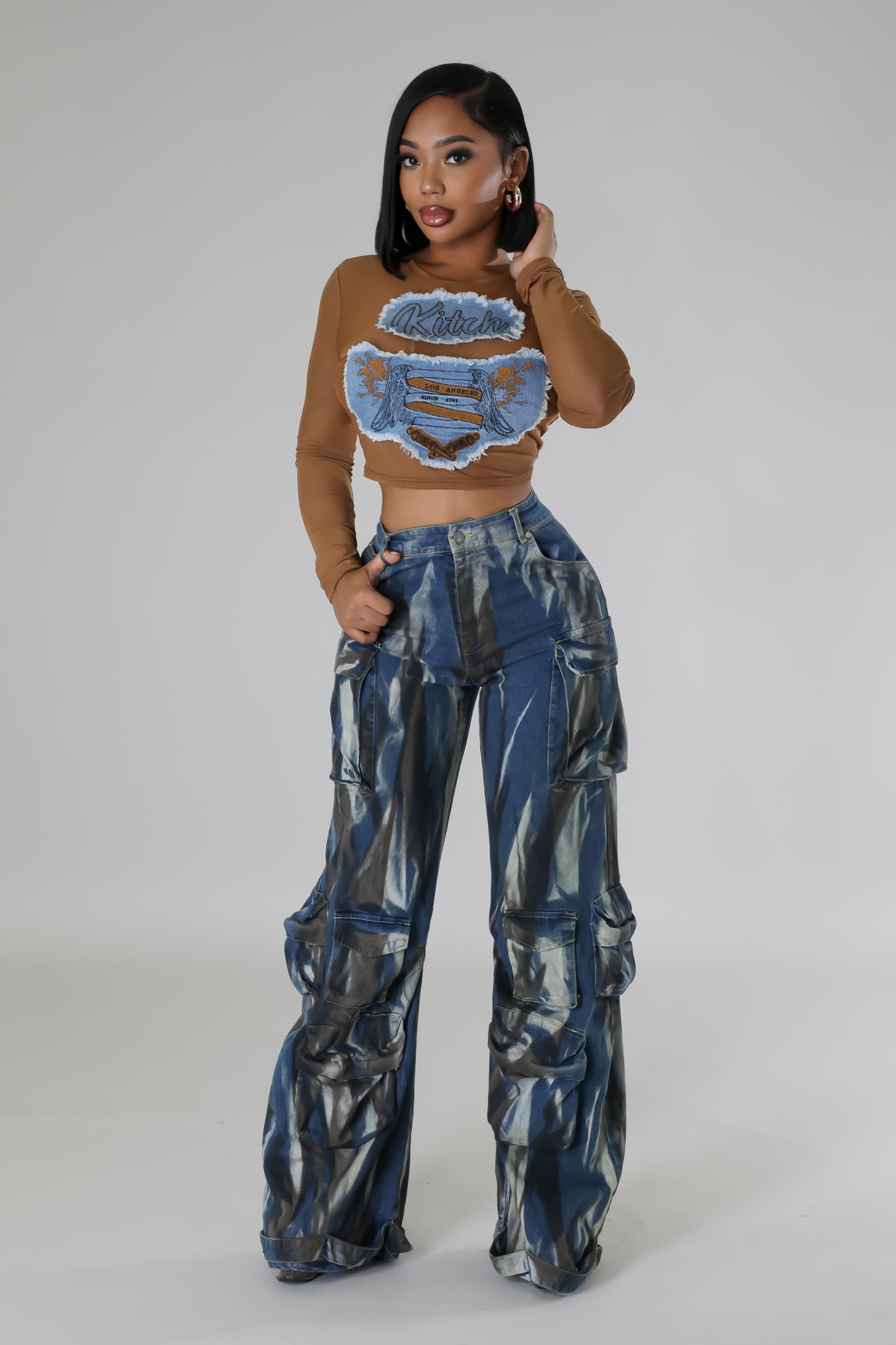Ensemble pantalon jean jambe large avec poche et top extensible à encolure ronde