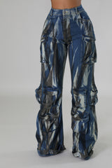 Ensemble pantalon jean jambe large avec poche et top extensible à encolure ronde