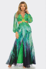 Robe longue découpée en mousseline imprimée
