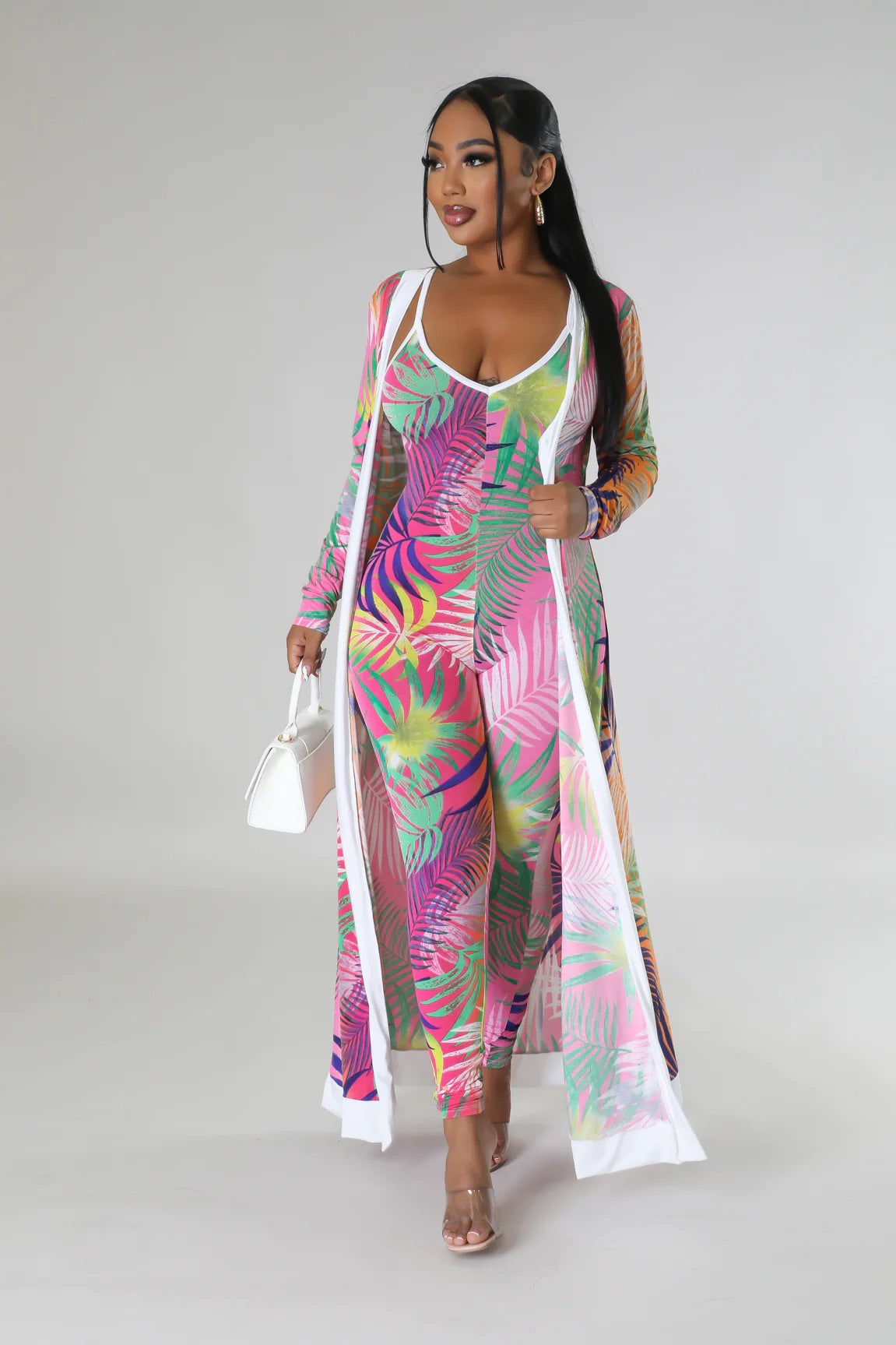 Ensemble combinaison et Cardigan multicolore