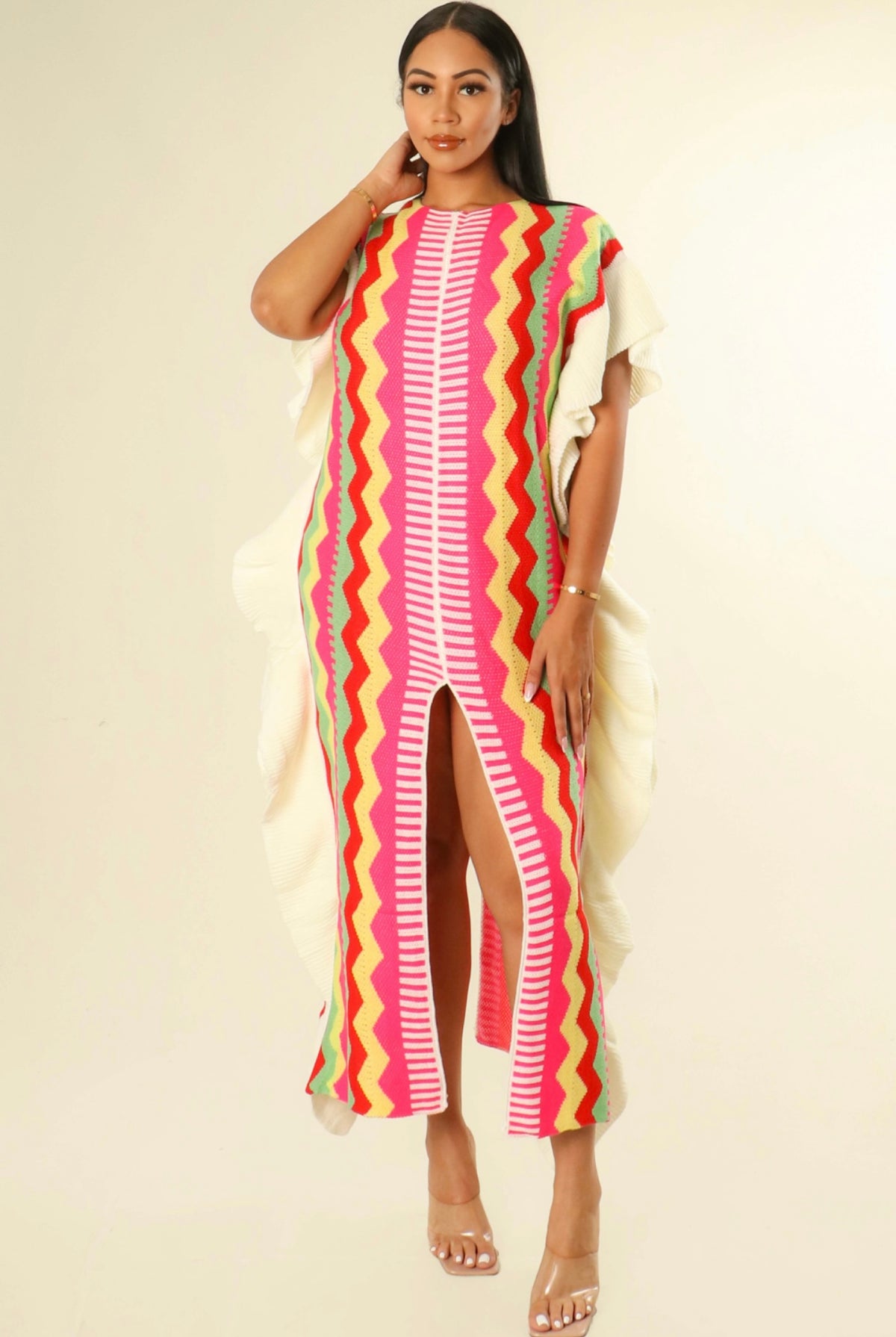 Robe tunique multicolore extensible tricoté Froufrous à encolure ronde