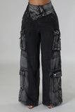 Jean taille haute bas large effet cargo noir