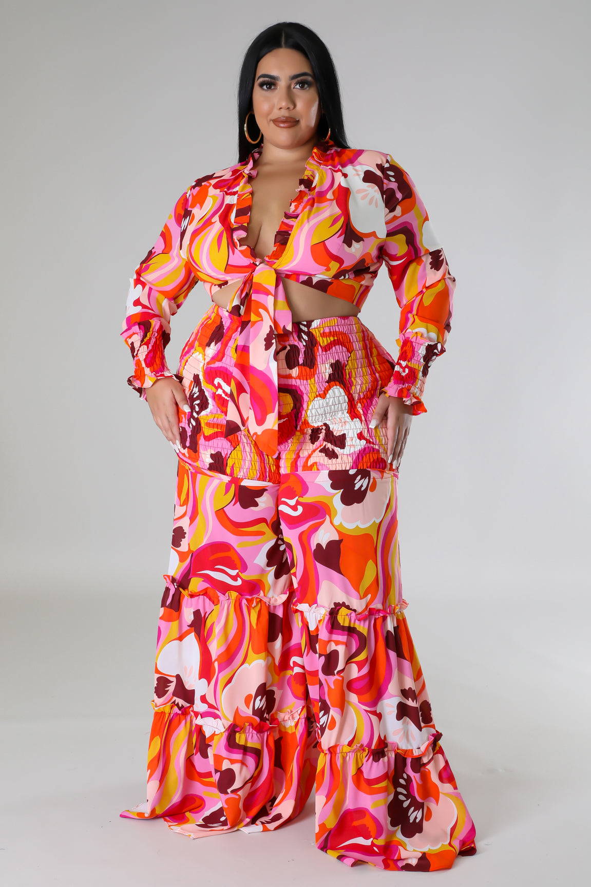 Ensemble 2 pièces Froufrous pantalon large taille haute et top à manche longue