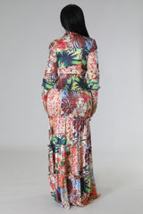 Ensemble jupe longue et top multicolore à manche longue satiné