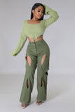 Pantalon olive Adja Diallo taille haute extensible avec découpe jambe large