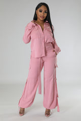 Ensemble deux pièces ADJA chemise rose et pantalon lin style cargo