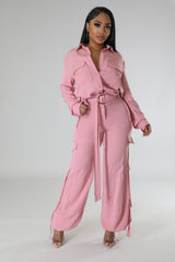 Ensemble deux pièces ADJA chemise rose et pantalon lin style cargo