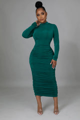 Robe longue semi-stretch à encolure ronde ruché