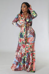 Ensemble jupe longue et top multicolore à manche longue satiné