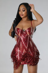 Robe de fête à bretelles pailletée avec frange rouge
