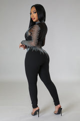 Combinaison sexy à strass demi-stretch avec fermeture derrière