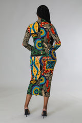 Robe longue à manche longue multicolore bouton devant